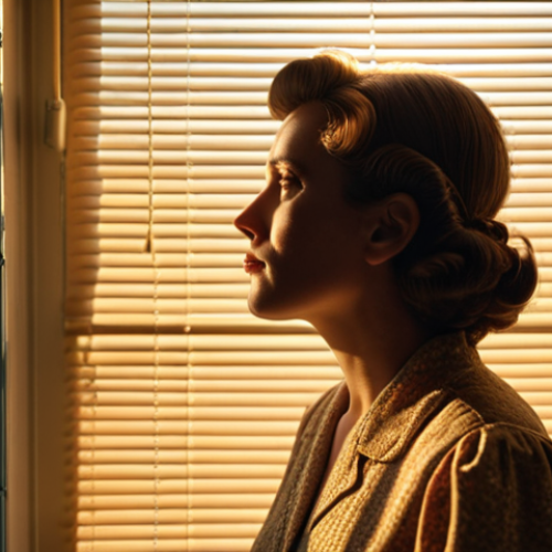 Home 14 **Golden Hour Portrait:** A woman in vintage clothing stands near a window. Soft, warm light bathes her face, creating dramatic shadows from the blinds.