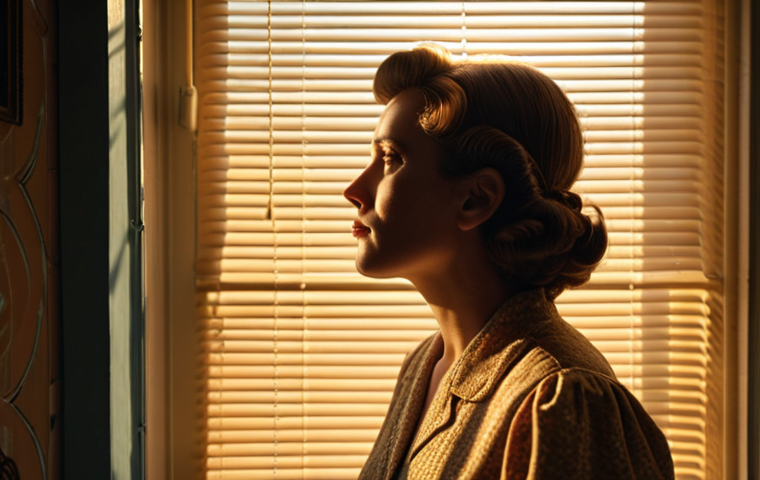 **Golden Hour Portrait:** A woman in vintage clothing stands near a window. Soft, warm light bathes her face, creating dramatic shadows from the blinds.