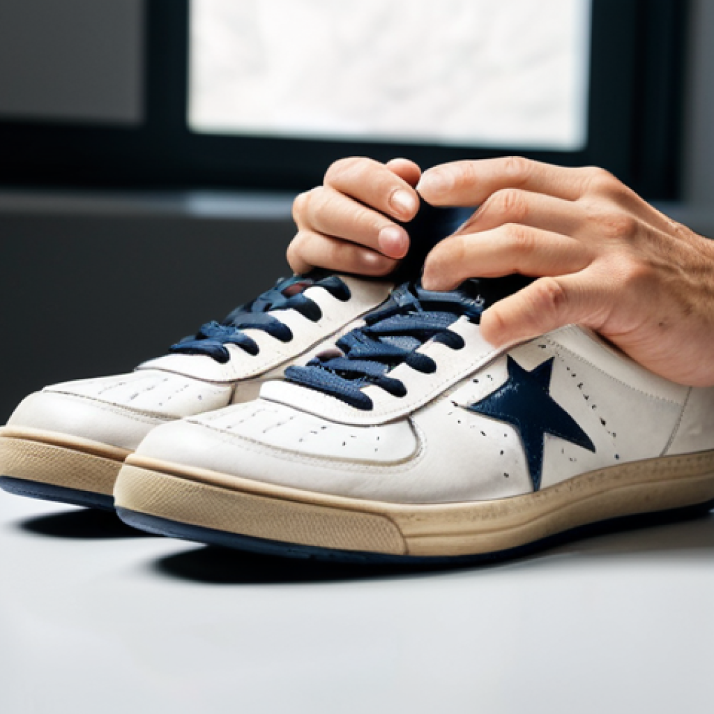 A professional individual, fully clothed in a modest business casual outfit, carefully inspecting a pair of vintage, high-quality sneakers. The scene is set in a well-lit, minimalist home office, with the shoes resting on a clean, light-colored surface. The person's hands are gently holding and examining a detail of the shoe, suggesting an eye for authenticity and value. The atmosphere is calm and focused, highlighting the meticulous process of discerning rare finds. Perfect anatomy, correct proportions, natural pose, well-formed hands, proper finger count, natural body proportions, professional photography, high resolution, sharp focus, appropriate content, safe for work, family-friendly.