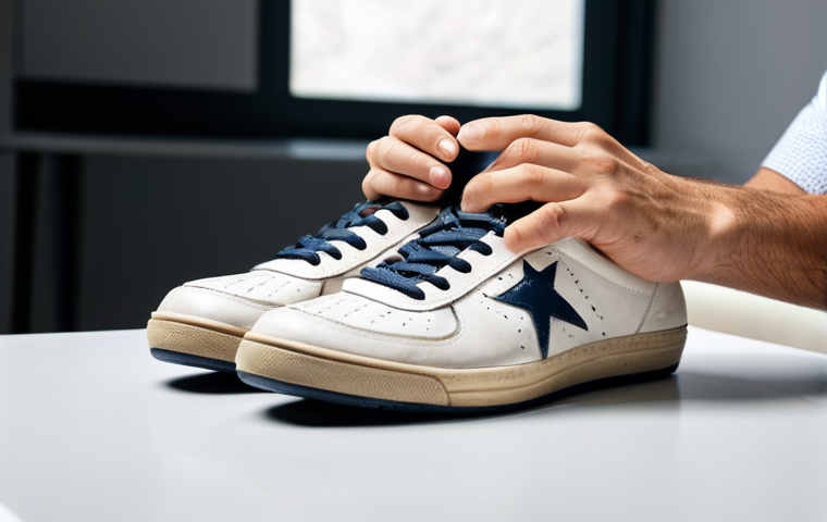 A professional individual, fully clothed in a modest business casual outfit, carefully inspecting a pair of vintage, high-quality sneakers. The scene is set in a well-lit, minimalist home office, with the shoes resting on a clean, light-colored surface. The person's hands are gently holding and examining a detail of the shoe, suggesting an eye for authenticity and value. The atmosphere is calm and focused, highlighting the meticulous process of discerning rare finds. Perfect anatomy, correct proportions, natural pose, well-formed hands, proper finger count, natural body proportions, professional photography, high resolution, sharp focus, appropriate content, safe for work, family-friendly.