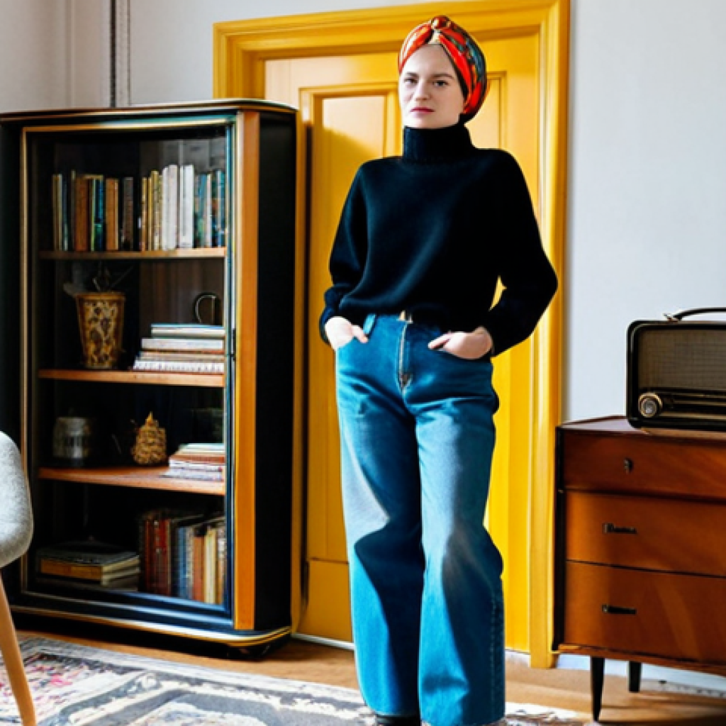 **
A young, stylish woman stands in a sunlit Moscow apartment, surrounded by vintage furniture (carefully restored Soviet-era pieces). She is wearing a modern outfit: a simple black turtleneck, wide-leg jeans, and chunky boots. The focal point is a brightly colored, hand-painted vintage silk scarf tied stylishly around her head. The scarf is a vibrant mix of traditional Russian floral patterns. In the background, you can see a collection of repurposed items – old suitcases stacked as shelves, a vintage radio transformed into a planter. Capture the cozy, eclectic vibe of a modern Russian home embracing vintage style. Safe for work, appropriate content, fully clothed, modest, family-friendly. Perfect anatomy, correct proportions, natural pose, well-formed hands, proper finger count, natural body proportions.
**