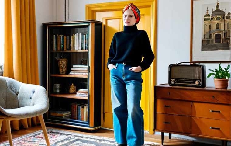**
A young, stylish woman stands in a sunlit Moscow apartment, surrounded by vintage furniture (carefully restored Soviet-era pieces). She is wearing a modern outfit: a simple black turtleneck, wide-leg jeans, and chunky boots. The focal point is a brightly colored, hand-painted vintage silk scarf tied stylishly around her head. The scarf is a vibrant mix of traditional Russian floral patterns. In the background, you can see a collection of repurposed items – old suitcases stacked as shelves, a vintage radio transformed into a planter. Capture the cozy, eclectic vibe of a modern Russian home embracing vintage style. Safe for work, appropriate content, fully clothed, modest, family-friendly. Perfect anatomy, correct proportions, natural pose, well-formed hands, proper finger count, natural body proportions.
**