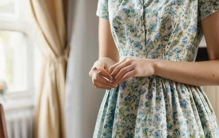 빈티지 옷 수선법 - **Prompt:** A young woman, in her late 20s, with a thoughtful expression, meticulously inspecting a ...