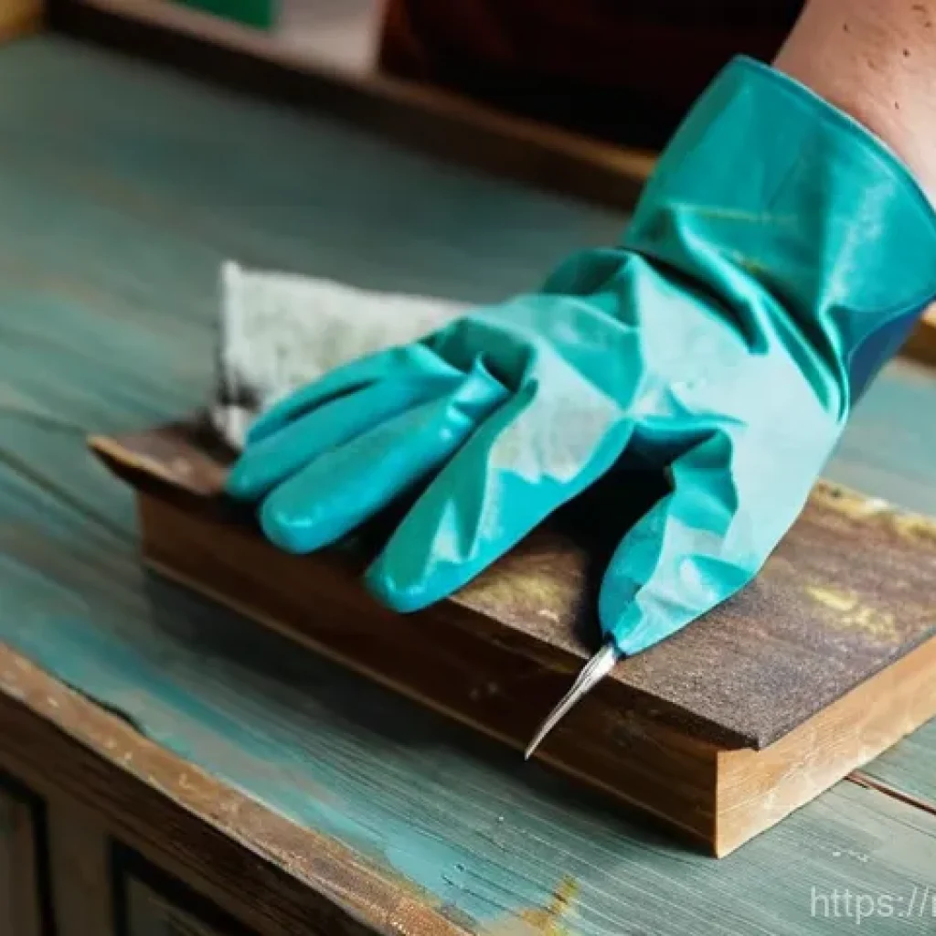 빈티지 가구 리폼 - **Prompt:** A close-up shot of a woman's gloved hands meticulously sanding an old, weathered wooden ...