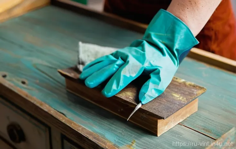 빈티지 가구 리폼 - **Prompt:** A close-up shot of a woman's gloved hands meticulously sanding an old, weathered wooden ...