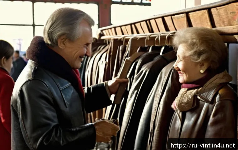 빈티지 마켓에서 흥정하는 법 - A bustling vintage market scene in Moscow during early autumn, featuring a middle-aged Russian man i...