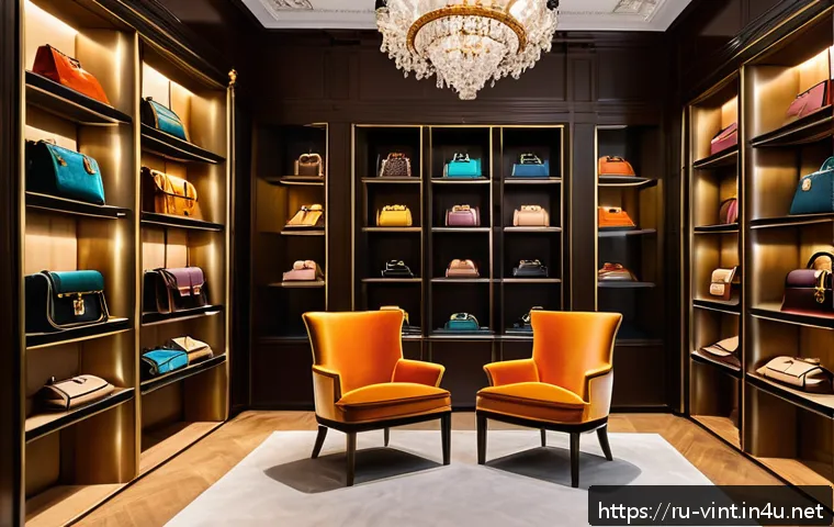 명품 중고 가방 가격 변동 추이 - A luxurious vintage handbag collection displayed elegantly in a high-end boutique in Moscow, featuri...