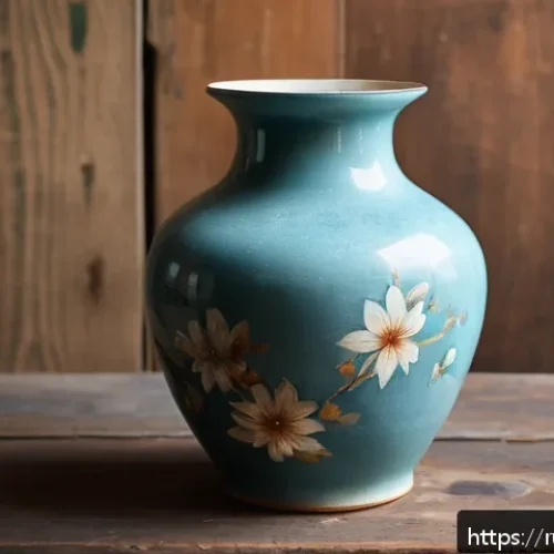 플리마켓에서 빈티지 쇼핑하는 법 - A close-up view of a genuine vintage ceramic vase from the 1950s, showing natural wear such as subtl...