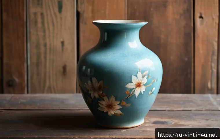 플리마켓에서 빈티지 쇼핑하는 법 - A close-up view of a genuine vintage ceramic vase from the 1950s, showing natural wear such as subtl...