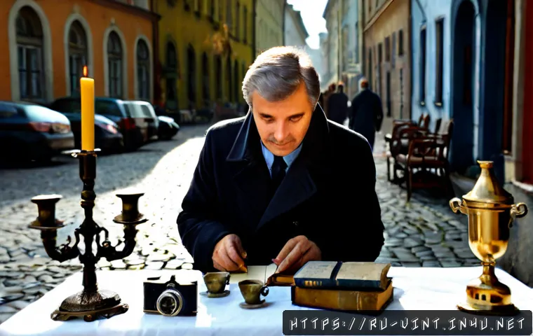 Home 17 유럽 빈티지 마켓 탐방기 - Photorealistic European vintage flea market in a historic cobblestone square, a middle-aged Russian-...