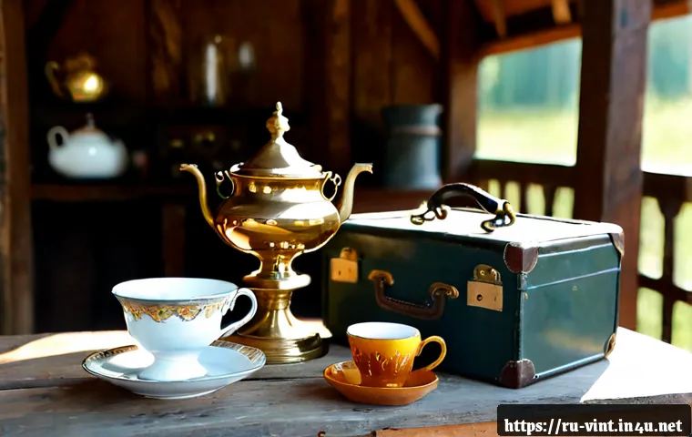 Home 17 빈티지 마켓 인기 상품 - Photorealistic Russian vintage market stall featuring the most sought-after treasures: a polished br...