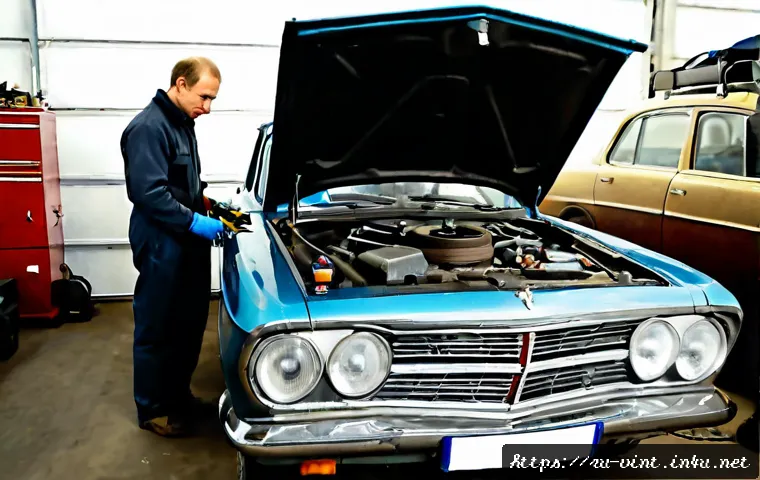 Home 17 빈티지 자동차 구매 체크리스트 - Photorealistic classic Soviet-era vintage sedan parked in a clean garage, a middle-aged Russian buye...